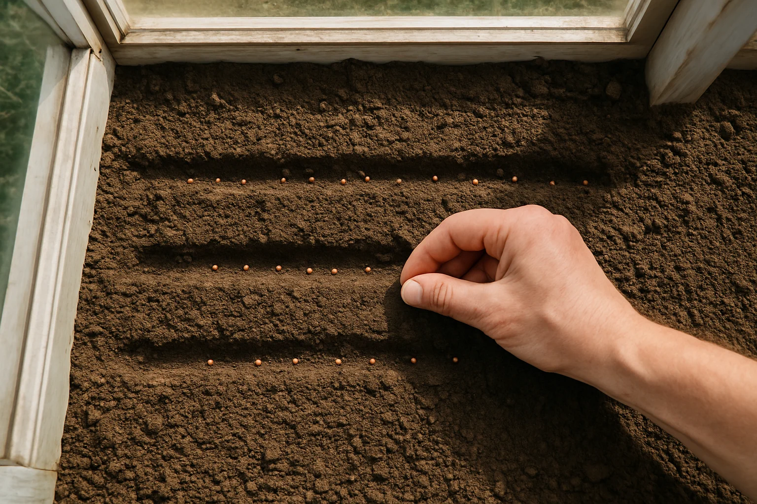 Main semant clair des graines de radis dans de petits sillons peu profonds sous un châssis.
