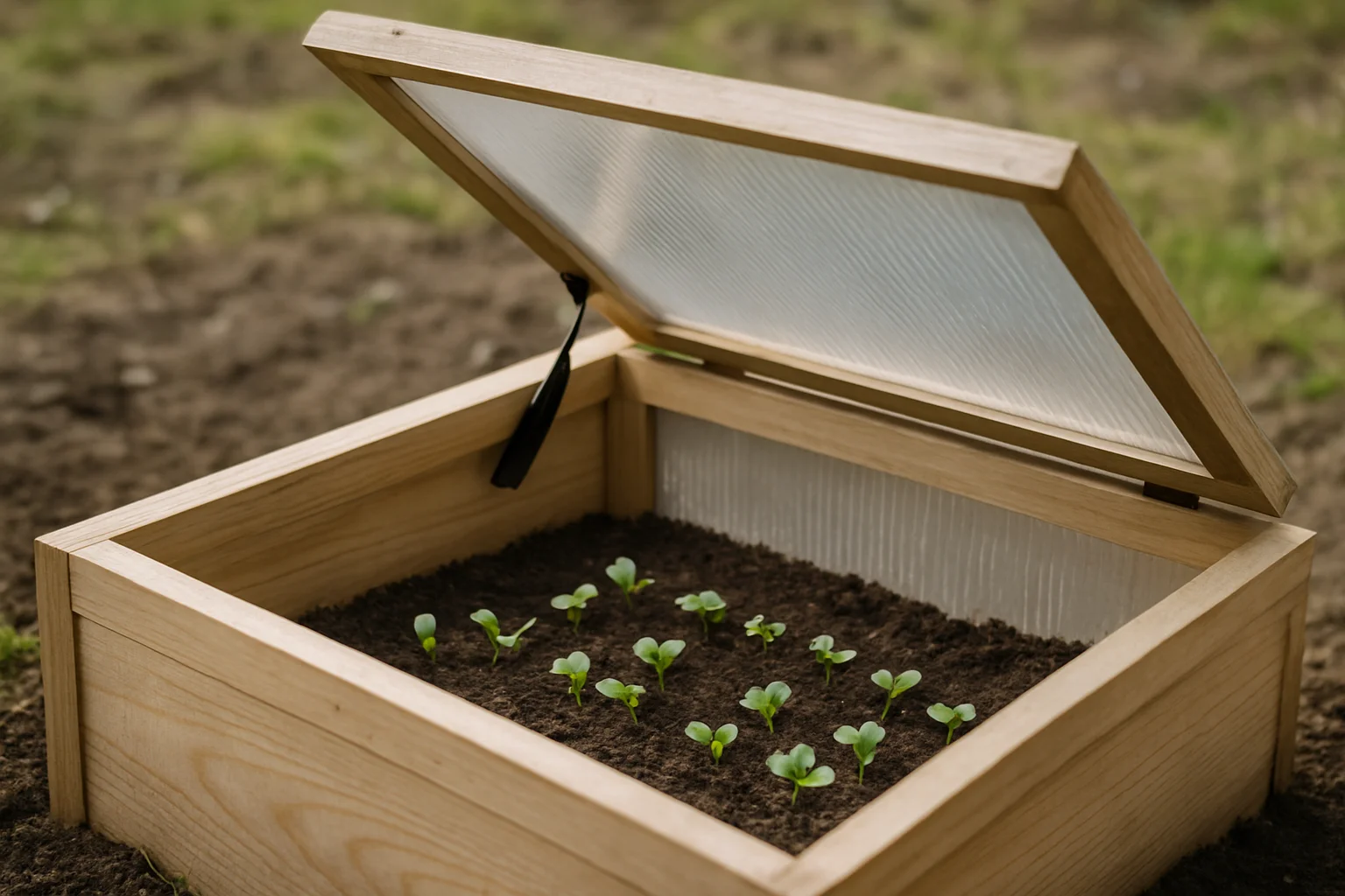 Châssis entrouvert pour l’aération, avec de jeunes pousses de radis visibles dans le sol humide.