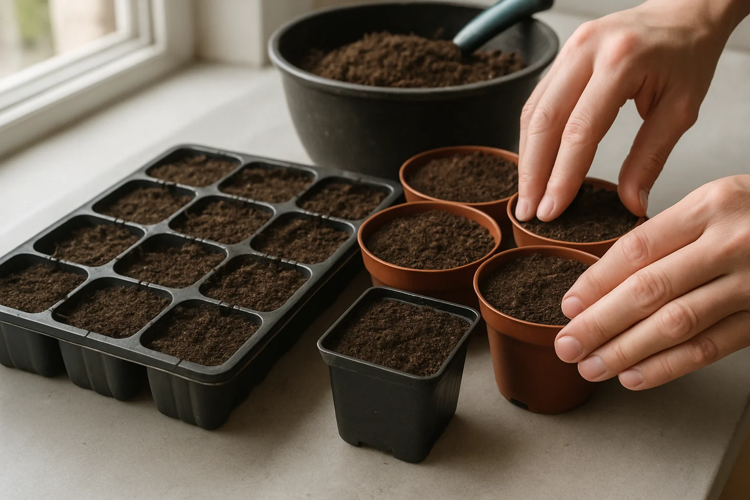 Des contenants de semis et des petits pots sont remplis de substrat fin et humide près d’une fenêtre, avec des mains en train de préparer la surface.