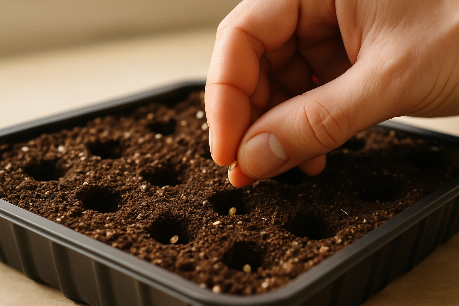 Une main dépose des graines de tomate dans un plateau de semis rempli de substrat, à faible profondeur et avec un espacement régulier.
