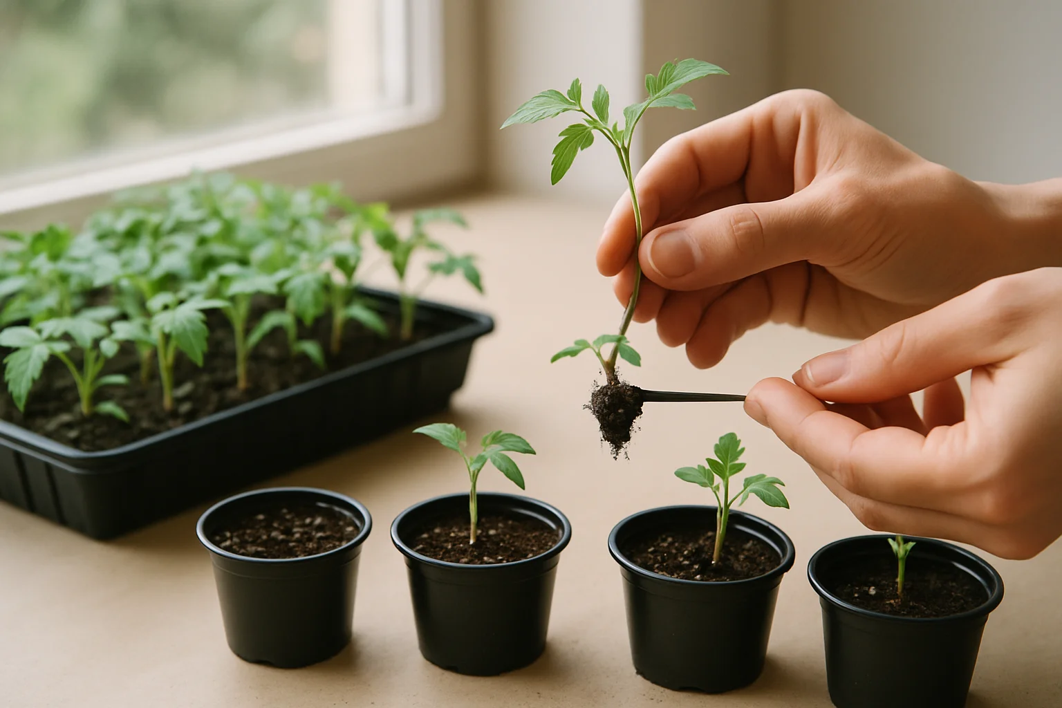 De jeunes plants de tomate avec leurs premières vraies feuilles sont repiqués délicatement dans des pots individuels remplis de substrat.